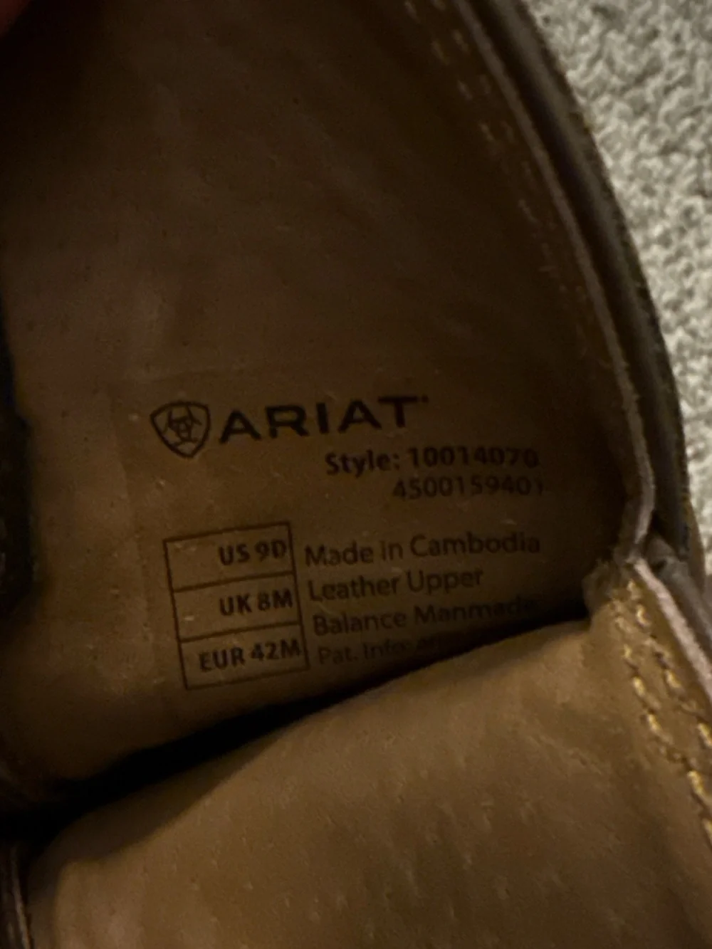 Ariat Tan Leather Shoe Interior with Branded Stamp